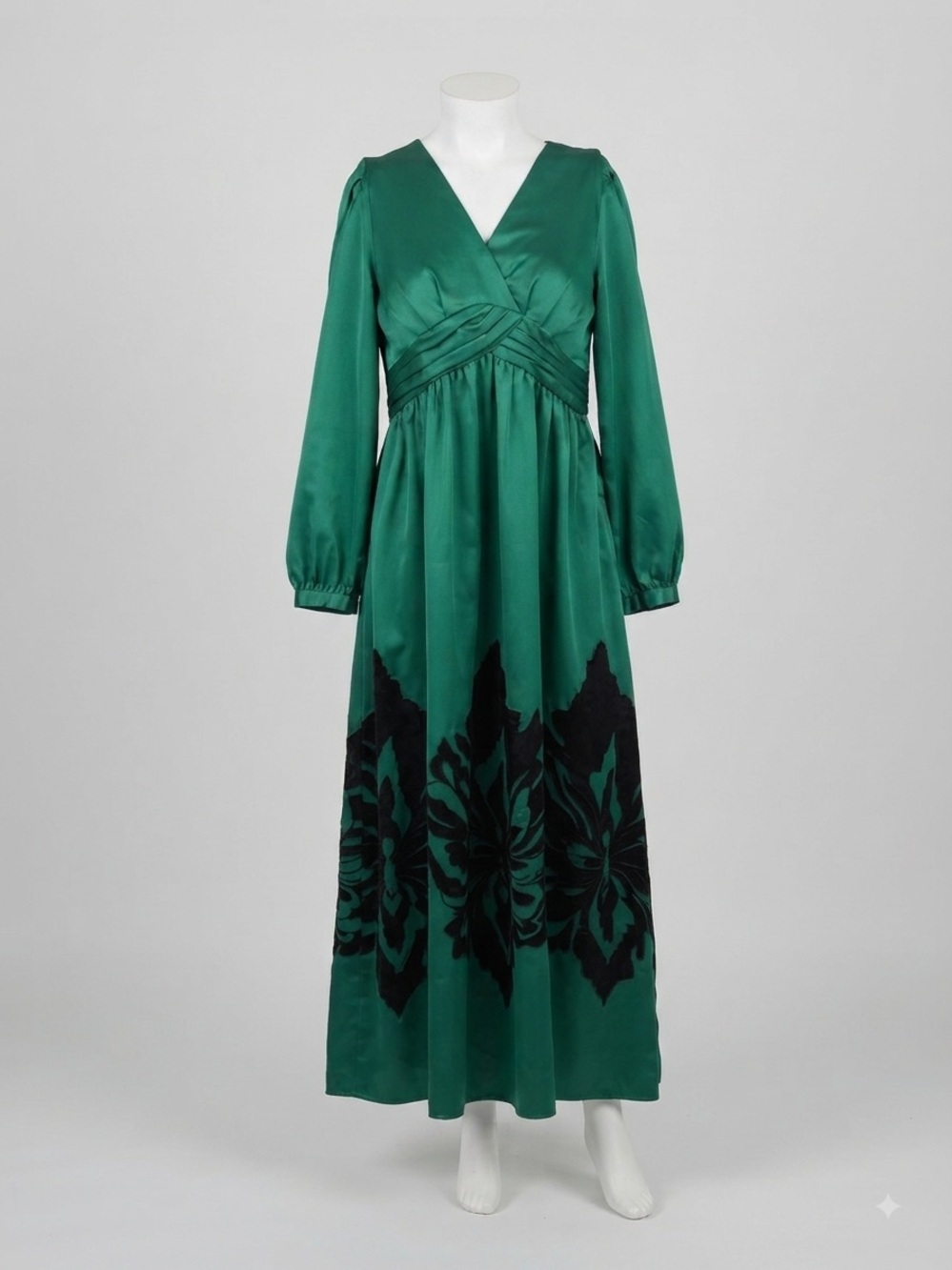Anthropologie Nikasha Emerald Green Maxi Dress L Black Floral Applique
